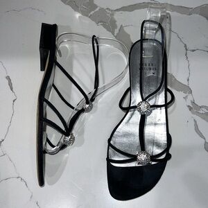Stuart Weitzman Sz 7 Black Crystal Flat Sandals